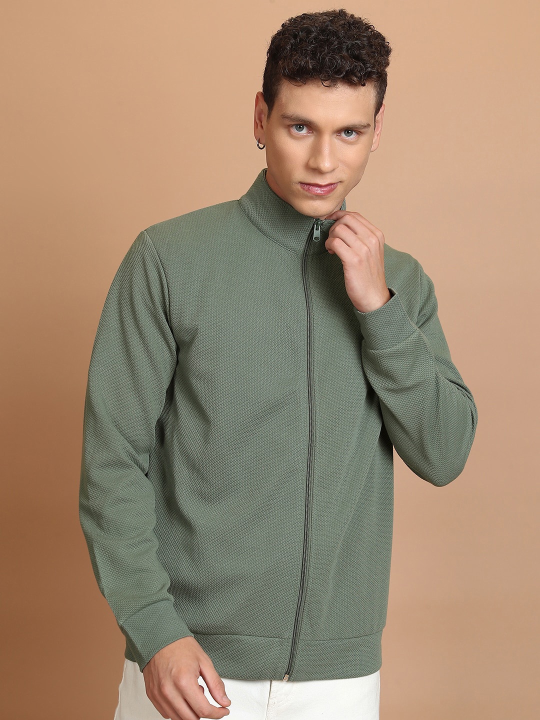 

HIGHLANDER Self Design High Neck Front Open Sweatshirt, Green