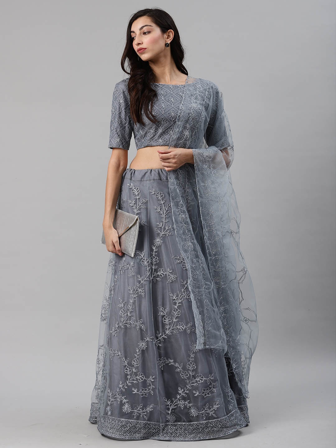 

SHUBHKALA Embroidered Thread Work Semi-Stitched Lehenga & Unstitched Blouse With Dupatta, Grey