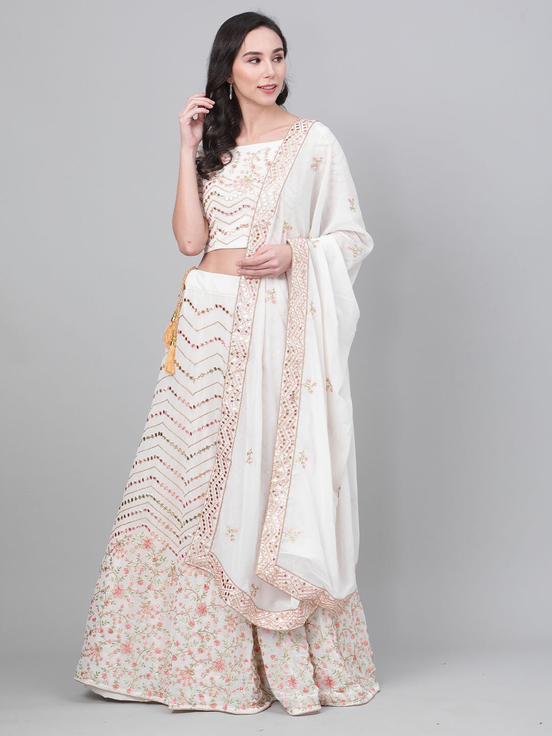 

SHUBHKALA Embellished Mirror Work Semi-Stitched Lehenga & Unstitched Blouse With Dupatta, White