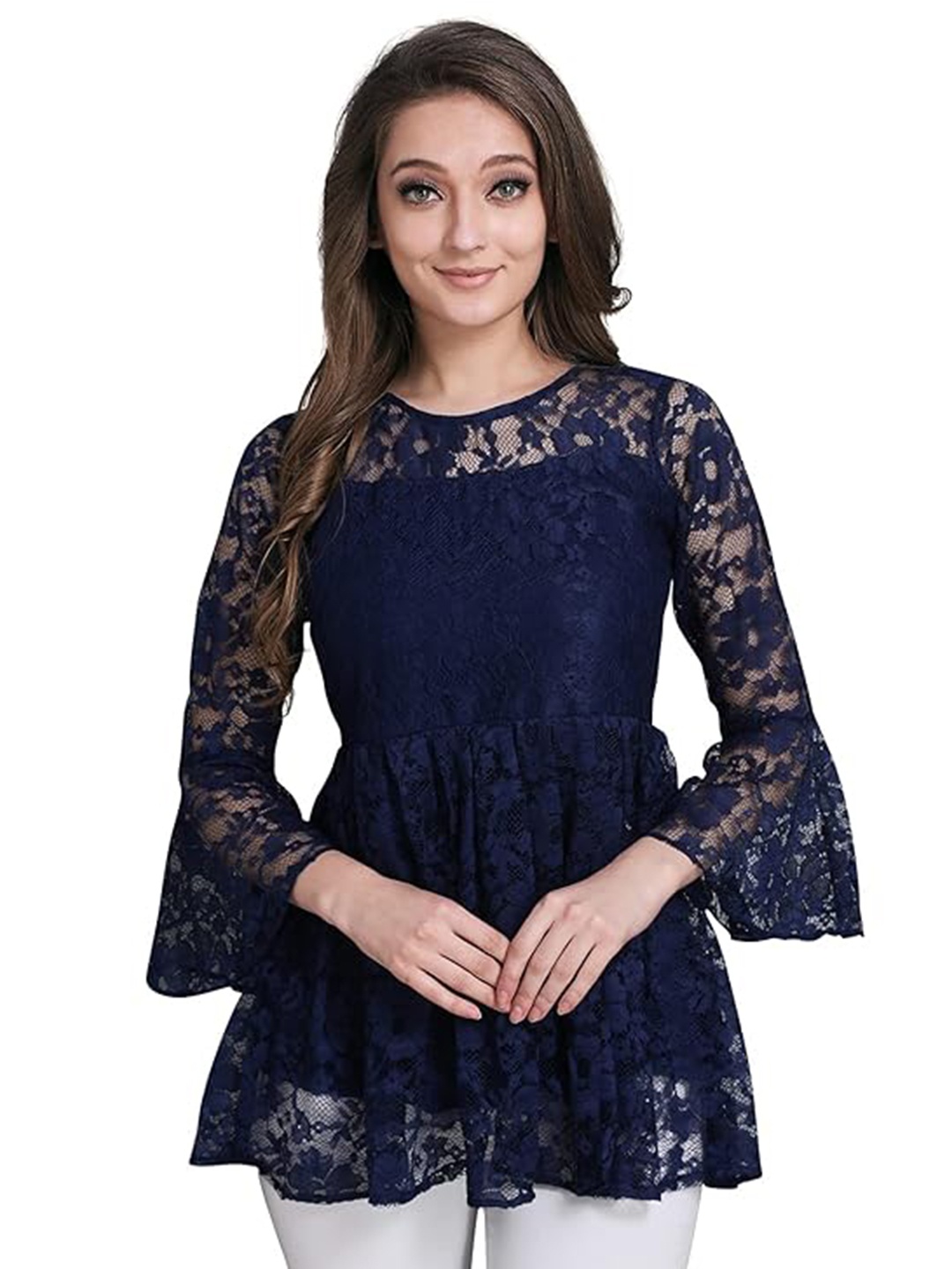 

ZELZIS Floral Lace Peplum Top, Navy blue