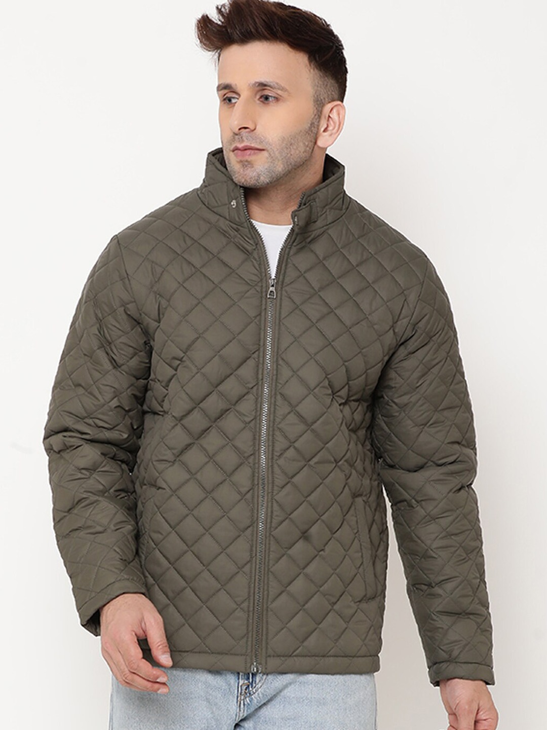 

9ty3ree Mock Collar Long Sleeve Insulator Zip Detail Outdoor Quilted Jacket, Olive