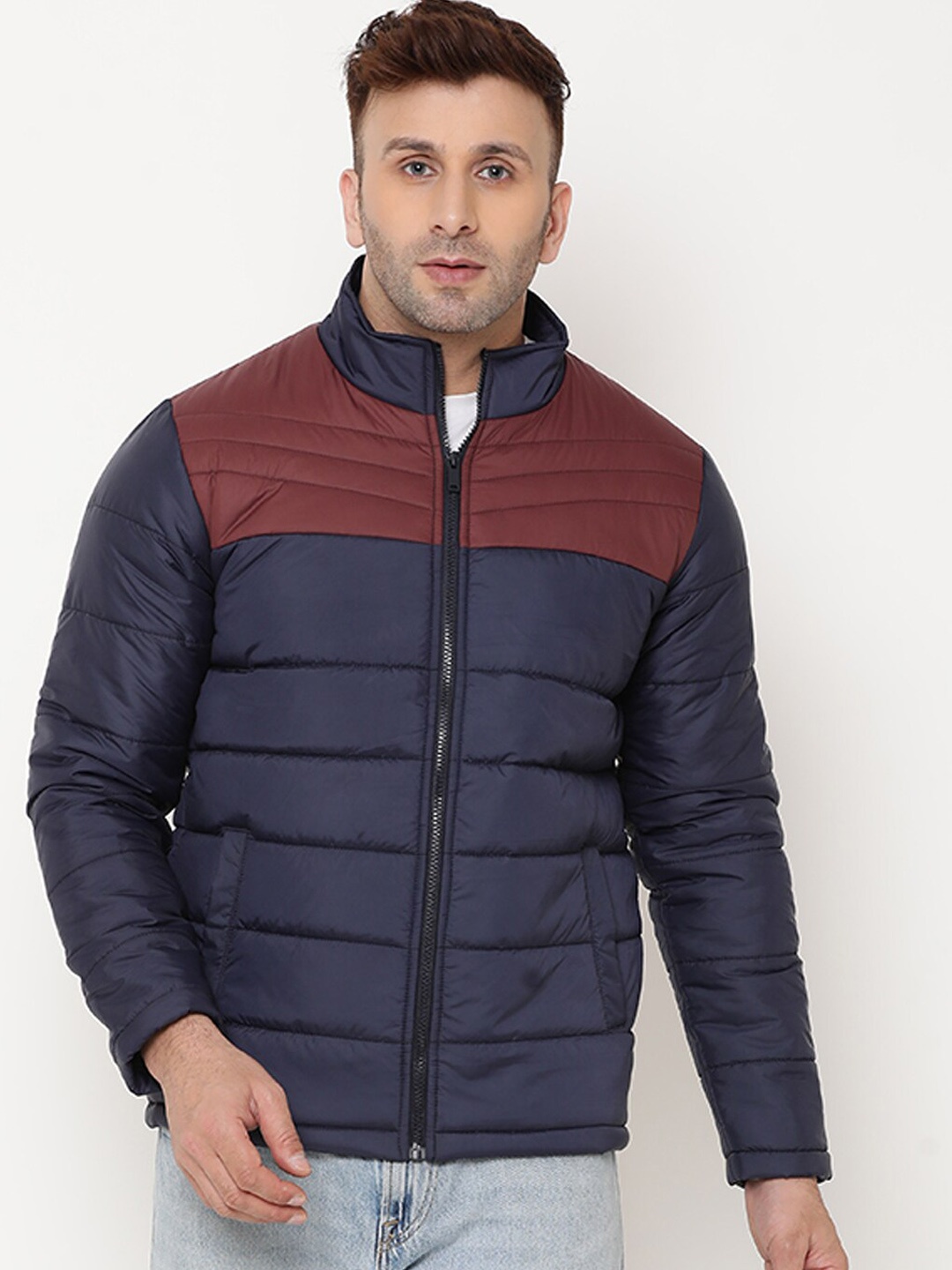 

9ty3ree Colourblocked Insulator Puffer Jacket with Zip Detail, Navy blue