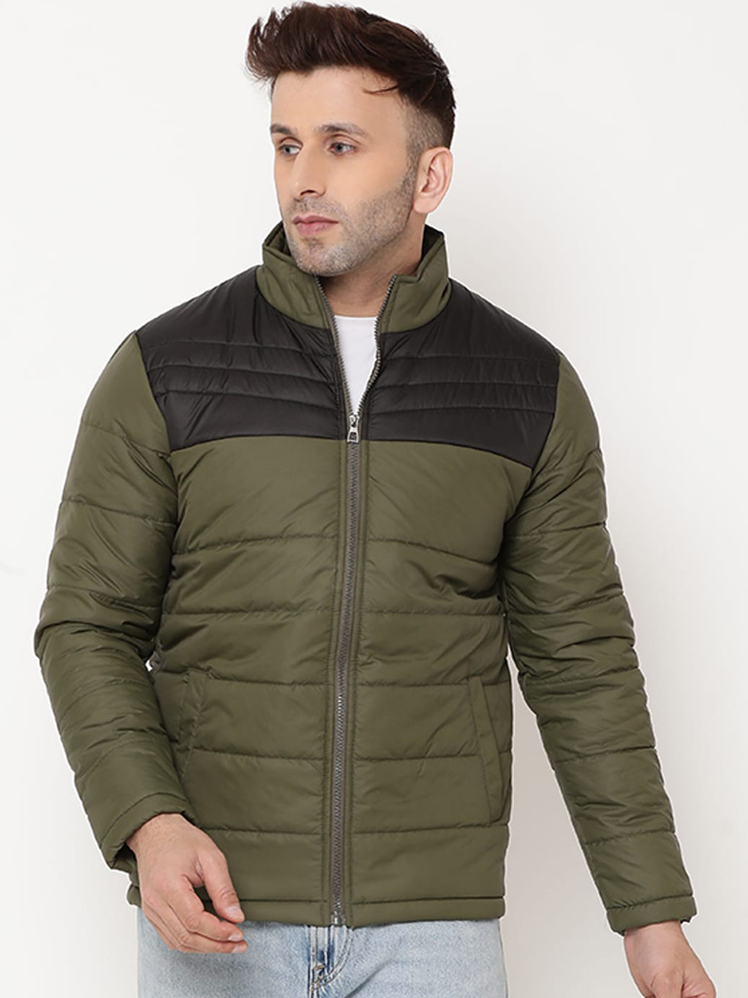 

9ty3ree Colourblocked Insulator Puffer Jacket with Zip Detail, Olive