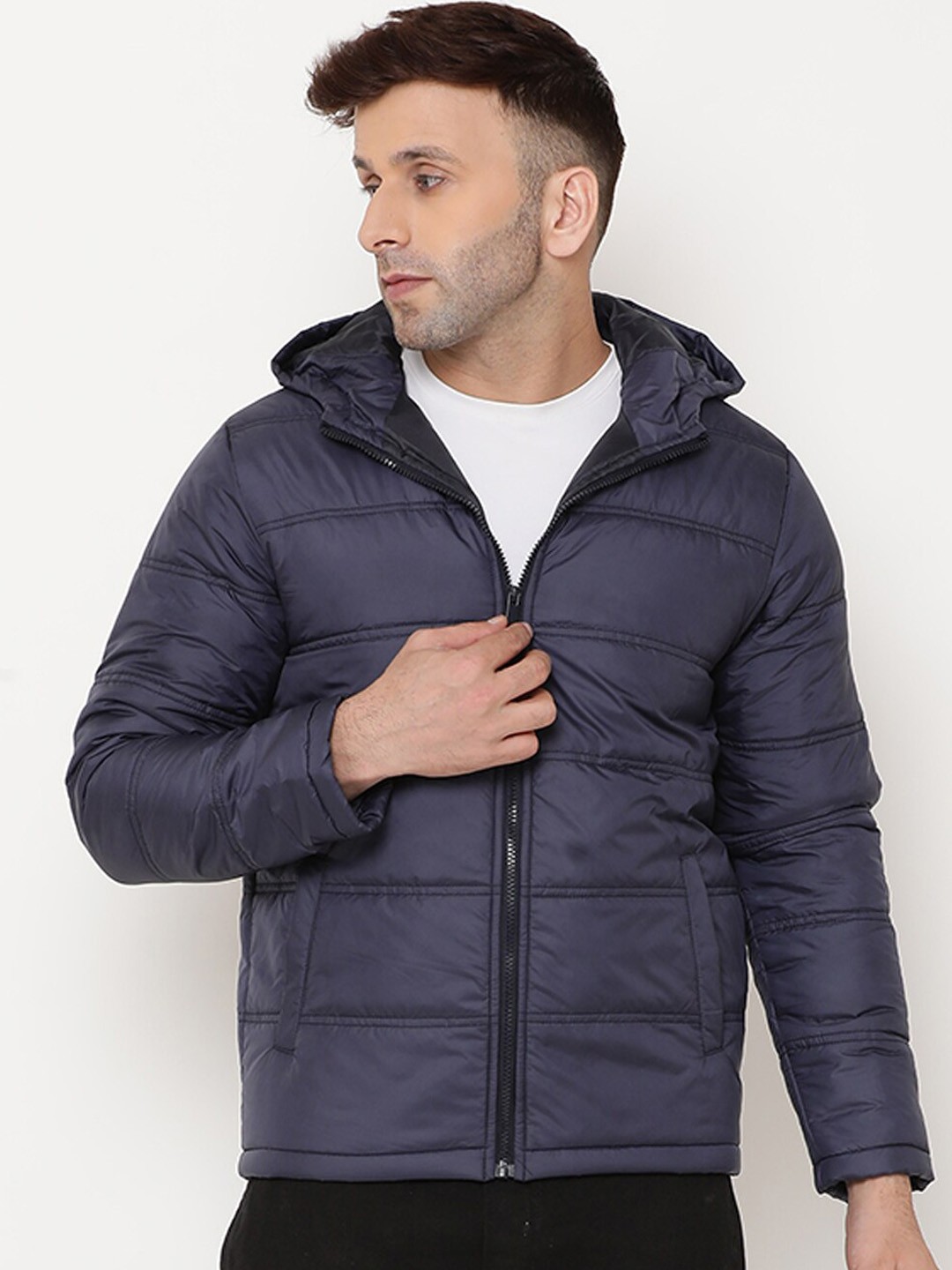 

9ty3ree Solid Hooded Puffer Jacket, Navy blue