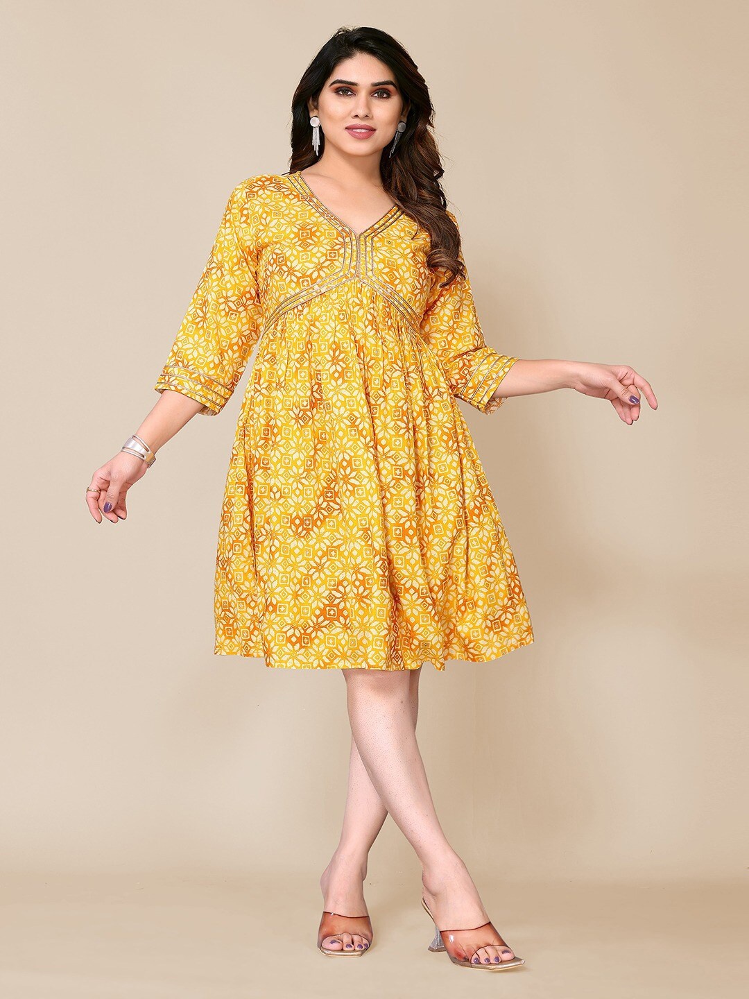 

TITANIUM SILK INDUSTRIES PVT. LTD. Ethnic Motifs Printed Cotton A Line Dress, Mustard