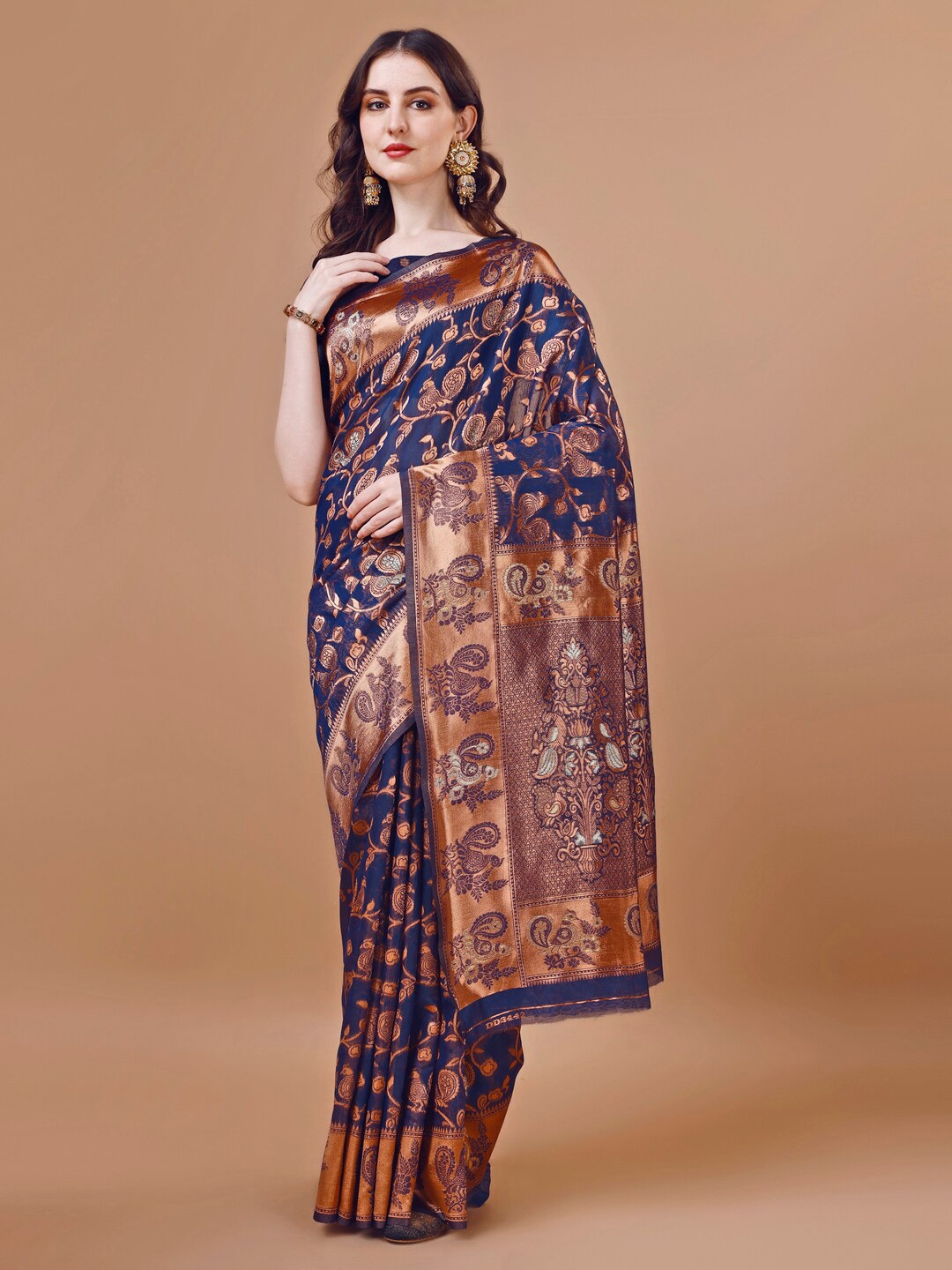 

MAGMINA Ethnic Motif Woven Design Zari Banarasi Saree, Navy blue