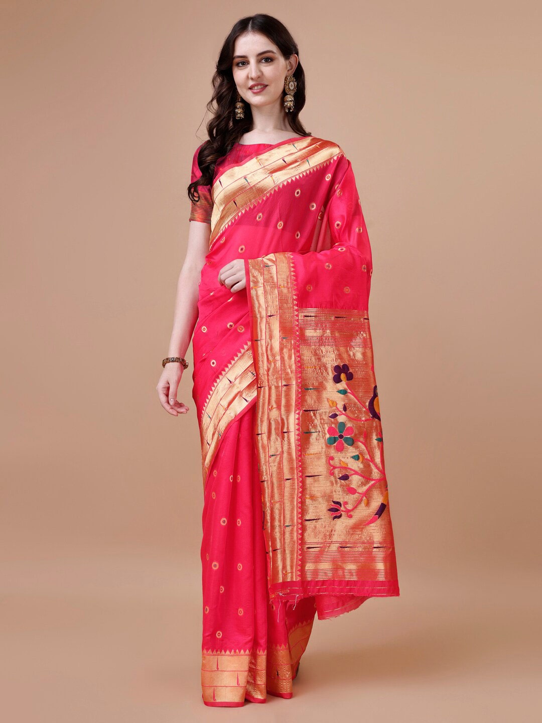 

MAGMINA Ethnic Motif Woven Design Zari Banarasi Saree, Pink