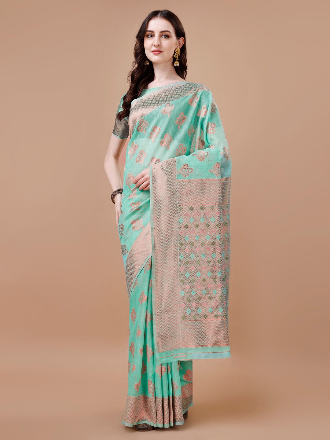 

MAGMINA Ethnic Motifs Woven Design Zari Silk Cotton Saree, Teal
