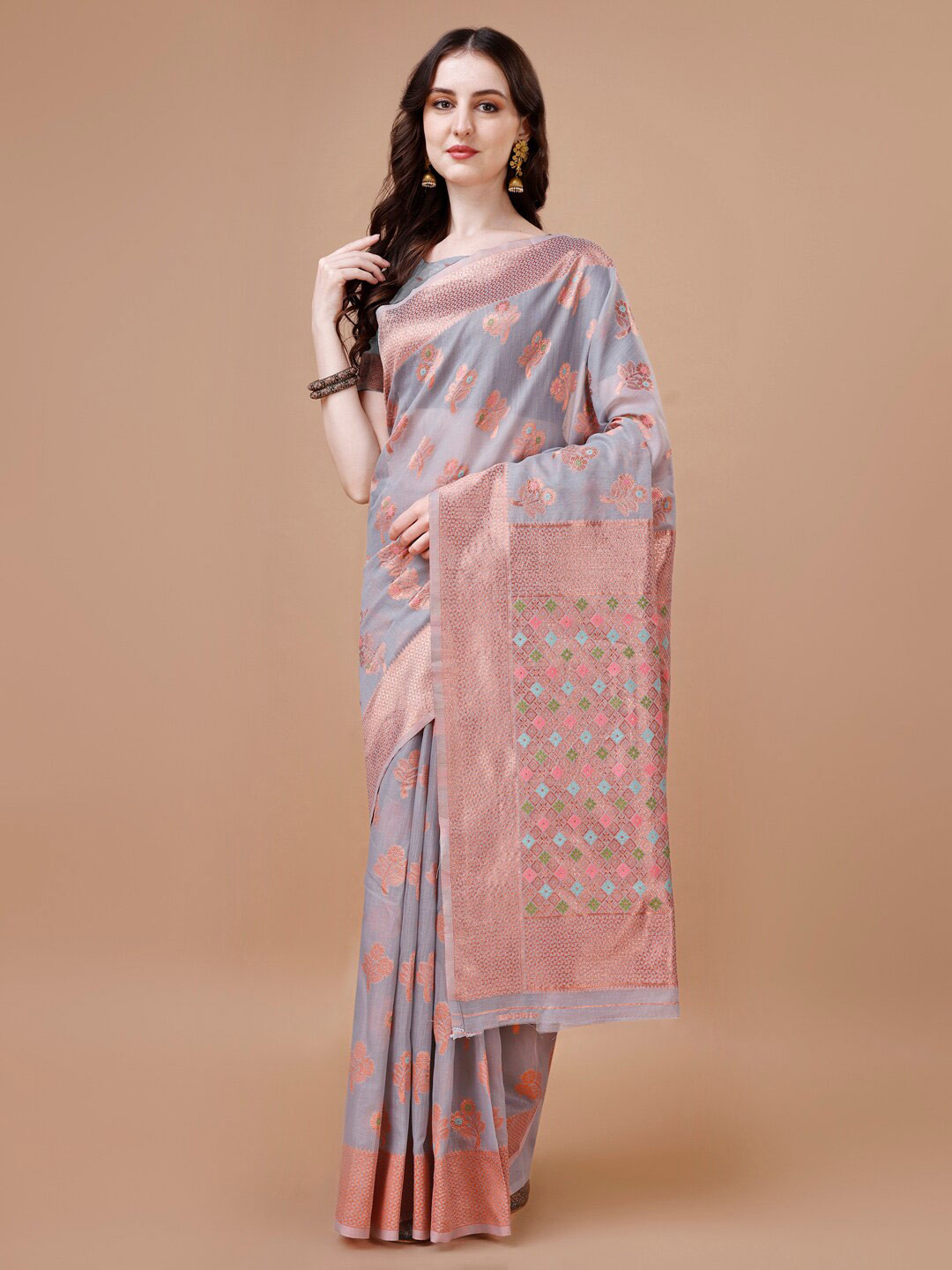 

MAGMINA Ethnic Motif Woven Design Zari Banarasi Saree, Grey