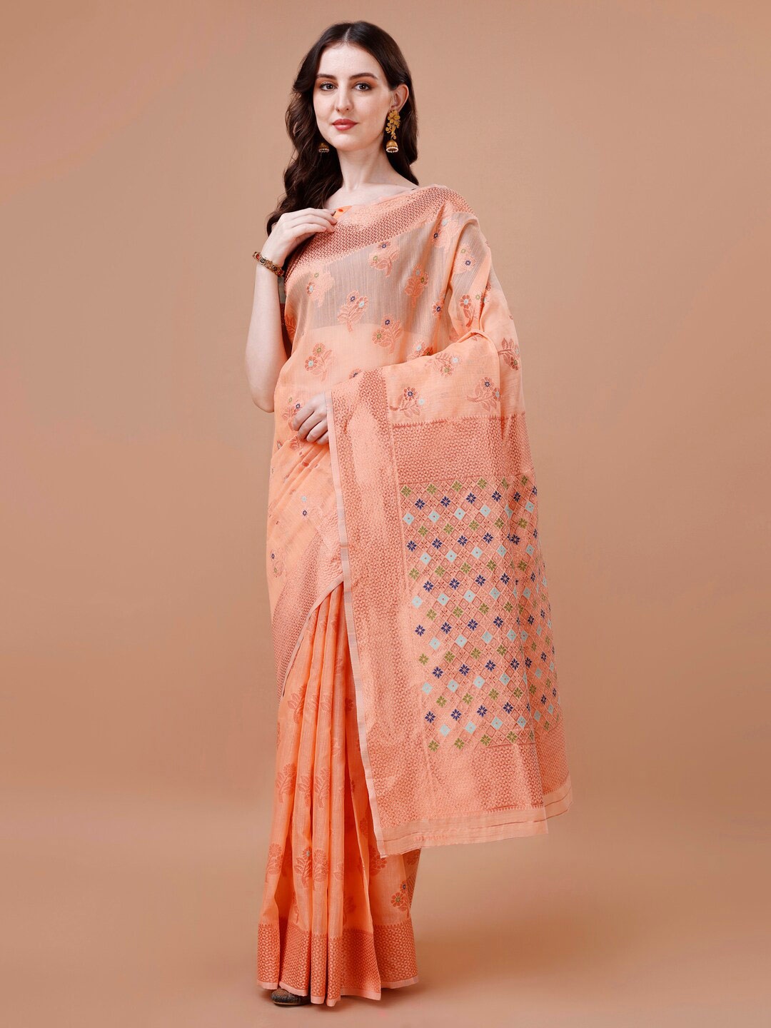 

MAGMINA Ethnic Motif Woven Design Zari Banarasi Saree, Peach