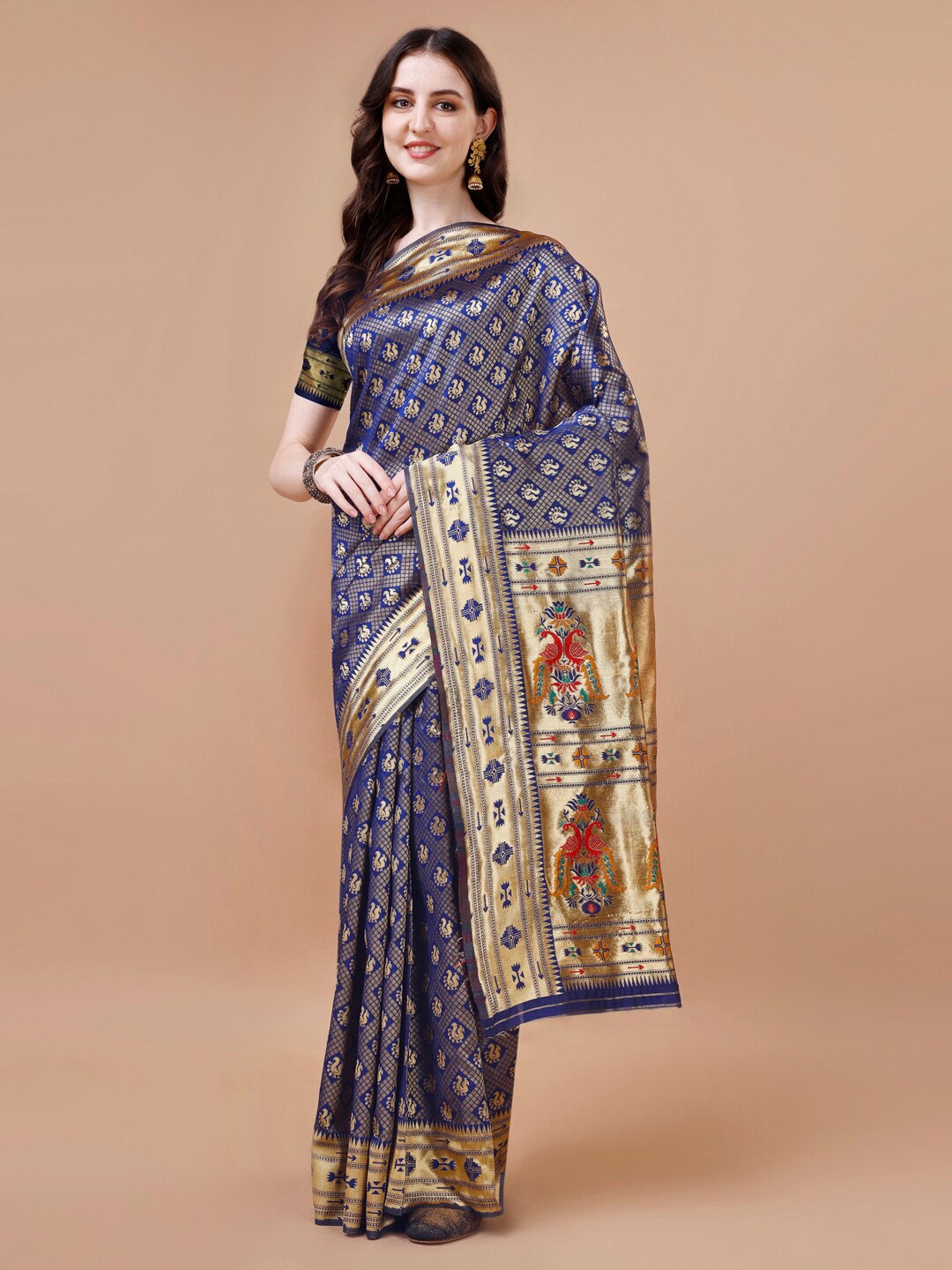 

MAGMINA Ethnic Motif Woven Design Zari Banarasi Saree, Navy blue