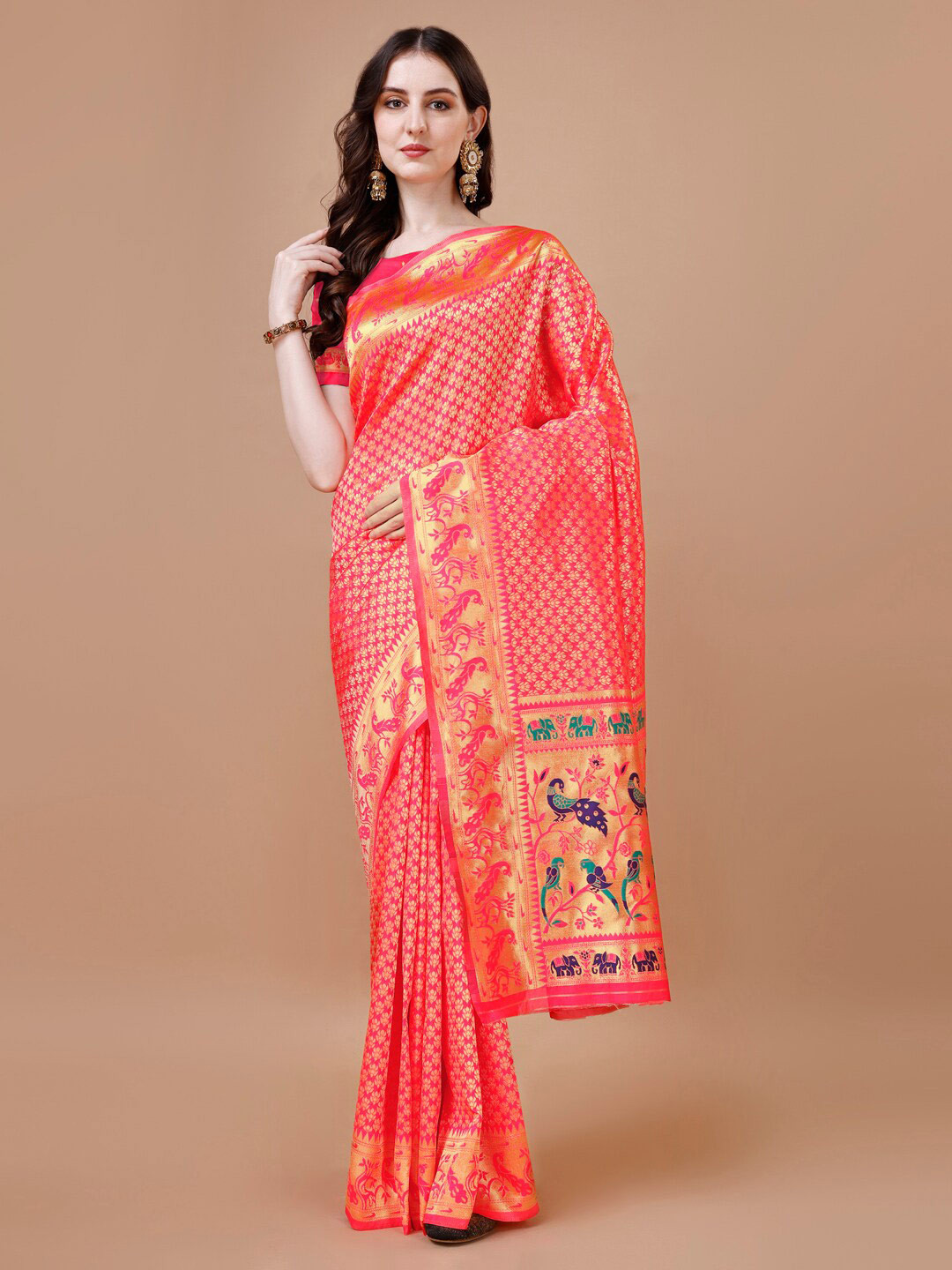 

MAGMINA Ethnic Motifs Woven Design Zari Detailed Silk Cotton Banarasi Saree, Pink