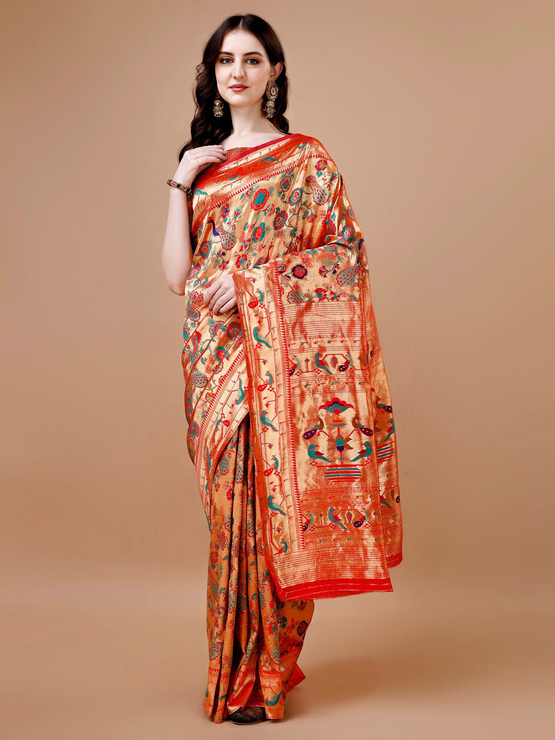 

MAGMINA Floral Woven Design Zari Detailed Banarasi Saree, Red