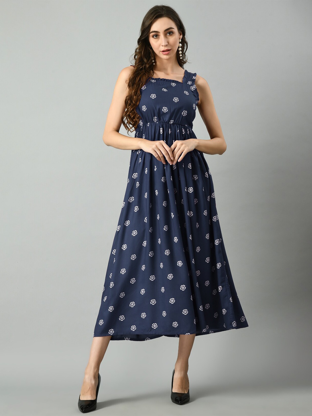 

KALINI Floral Printed Gathered Detailed Liva Fit & Flare Midi Dress, Navy blue