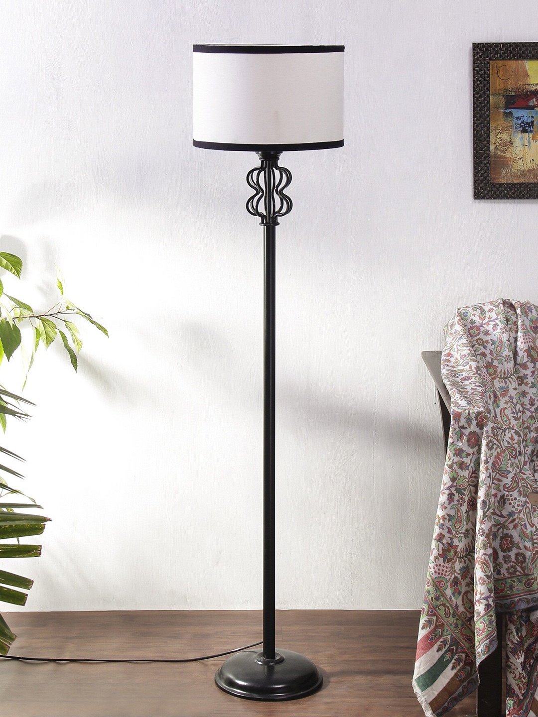 

Devansh White & Black Cotton Drum Snake Iron Basket Floor Lamp