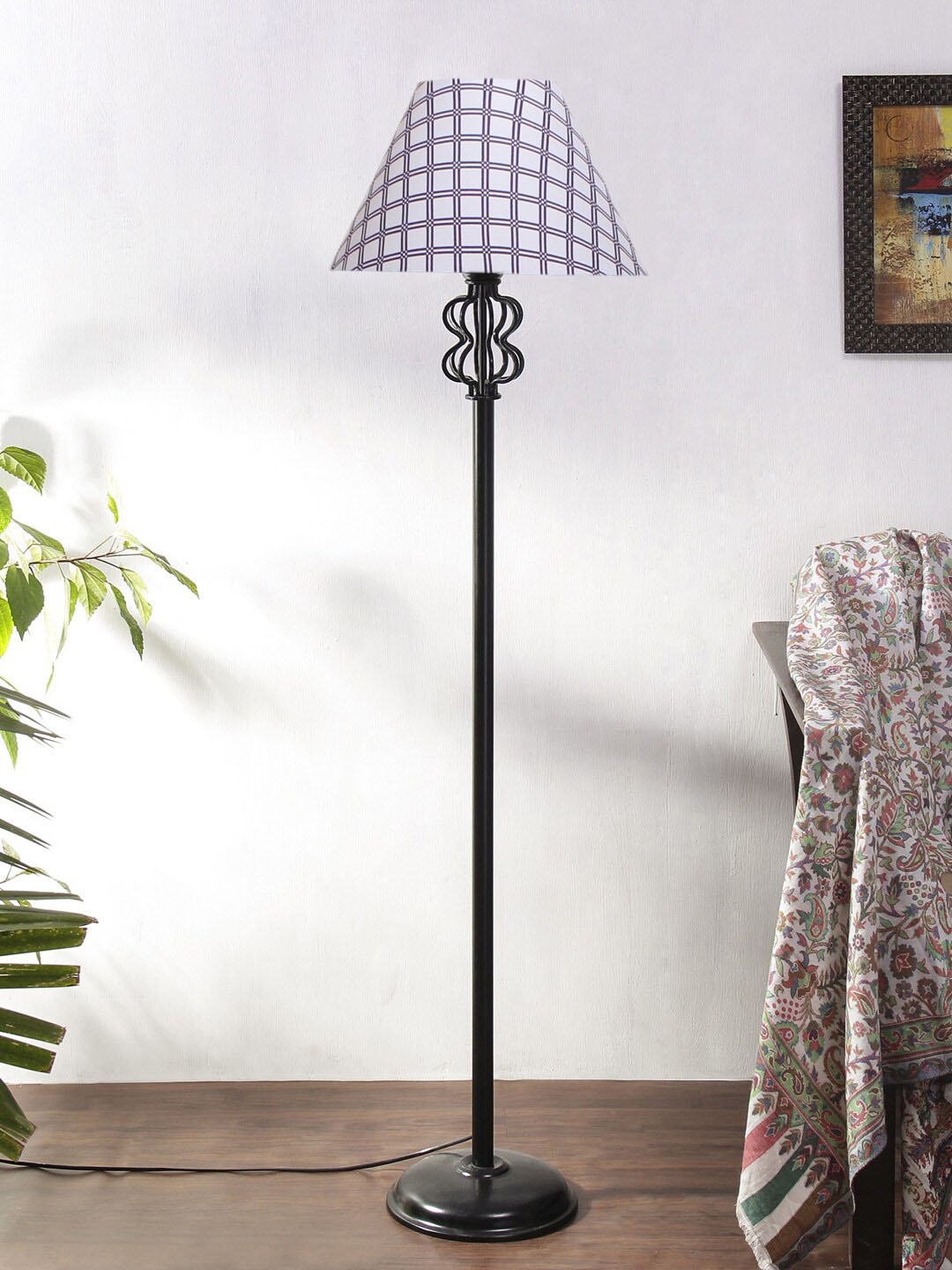 

Devansh White & Black Printed Cotton Conical Snake Iron Basket Floor Lamp