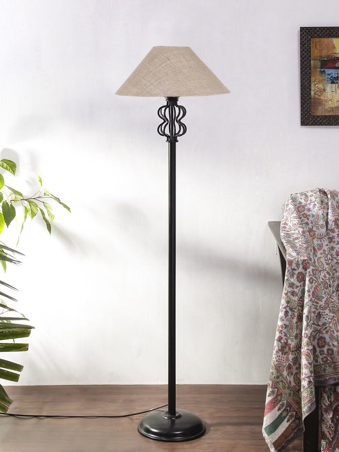 

Devansh Beige & Black Jute Coolie Snake Iron Basket Floor Lamp