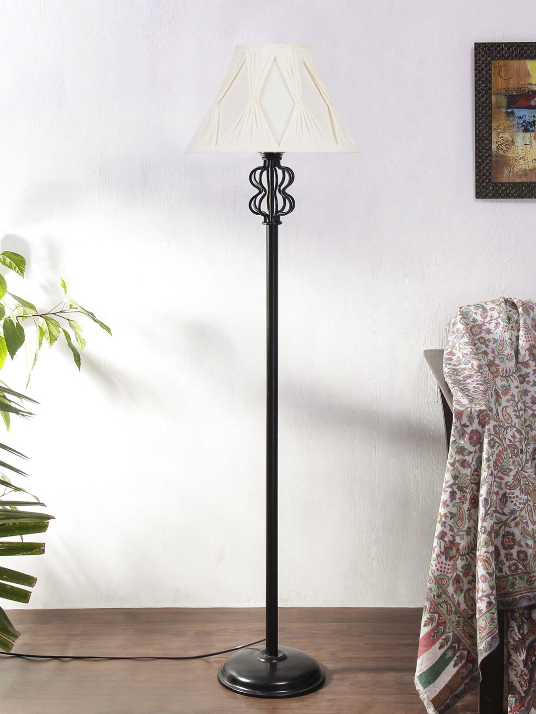 

Devansh White & Black Cotton Vintage Curtain Pleated Snake Iron Basket Floor Lamp