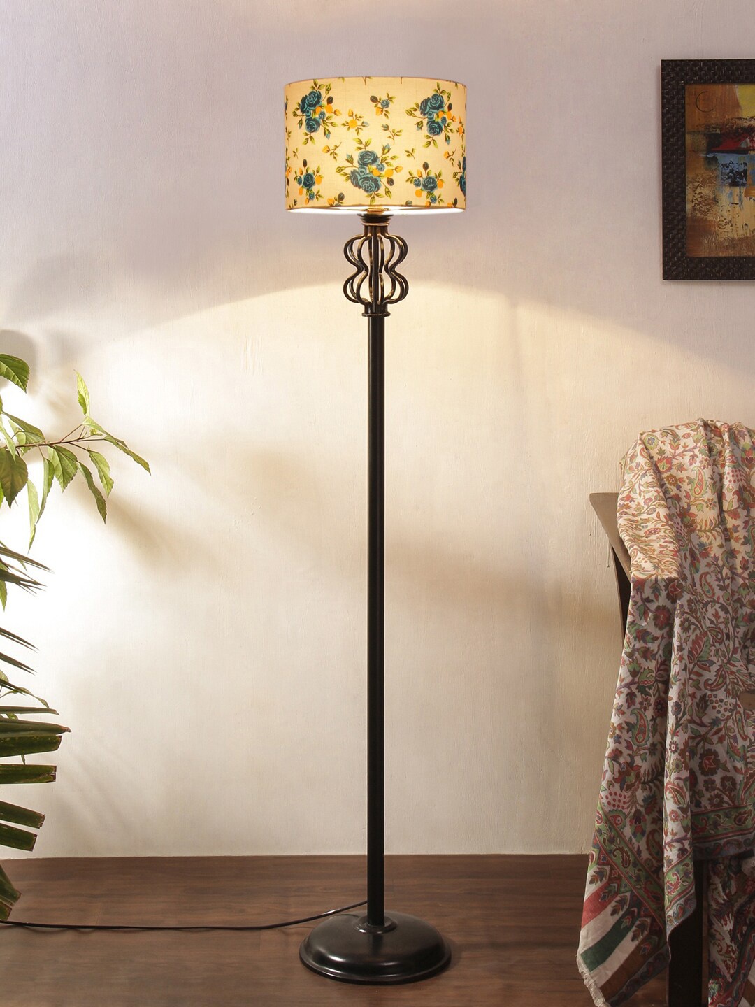 

Devansh White Printed Cotton Drum Snake Iron Basket Floor Lamp