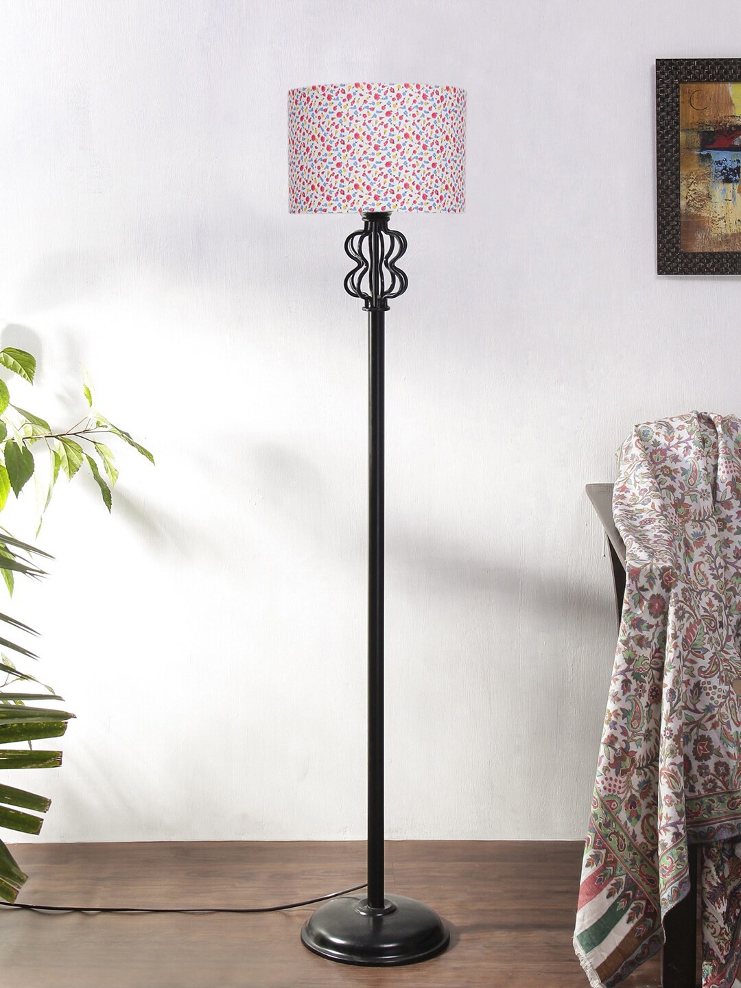 

Devansh White Printed Cotton Drum Snake Iron Basket Floor Lamp