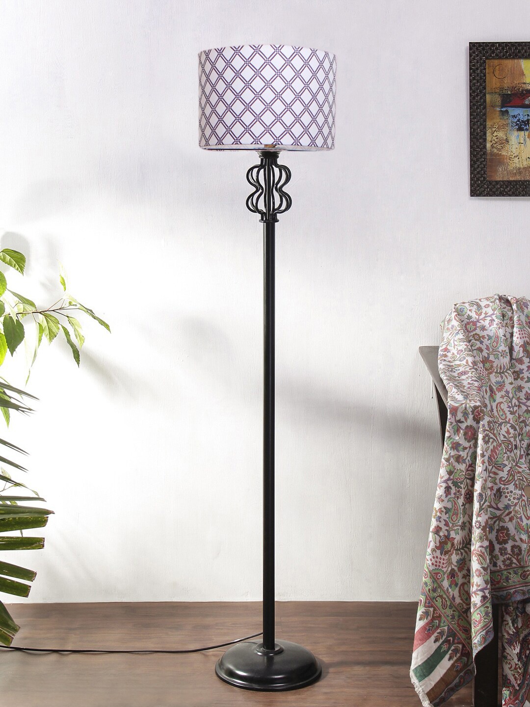 

Devansh White Printed Cotton Drum Snake Iron Basket Floor Lamp