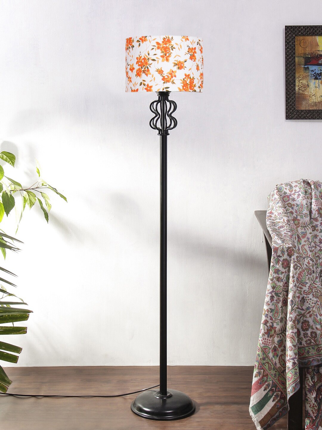 

Devansh White Printed Cotton Drum Snake Iron Basket Floor Lamp