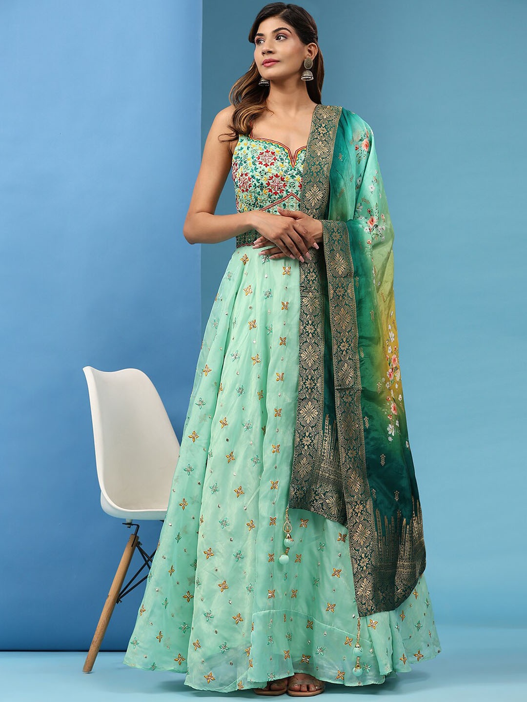

JUST FASHION Embellished Sleeveless Silk Maxi Ethnic Dress With Dupatta, Sea green