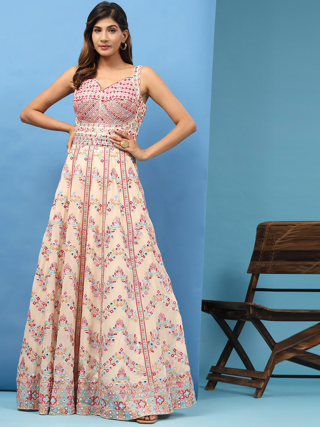 

JUST FASHION Embellished Sleeveless Georgette Maxi Ethnic Dress With Dupatta, Cream