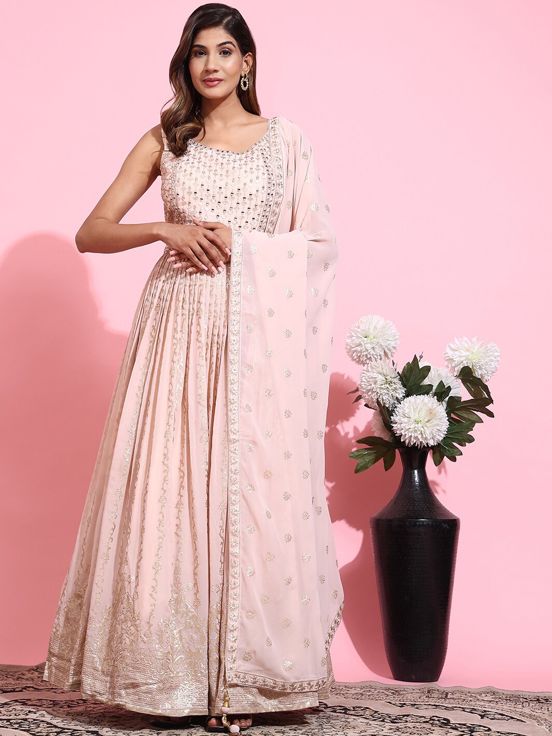 

JUST FASHION Embellished Sleeveless Georgette Pleated Maxi Ethnic Dress With Dupatta, Peach