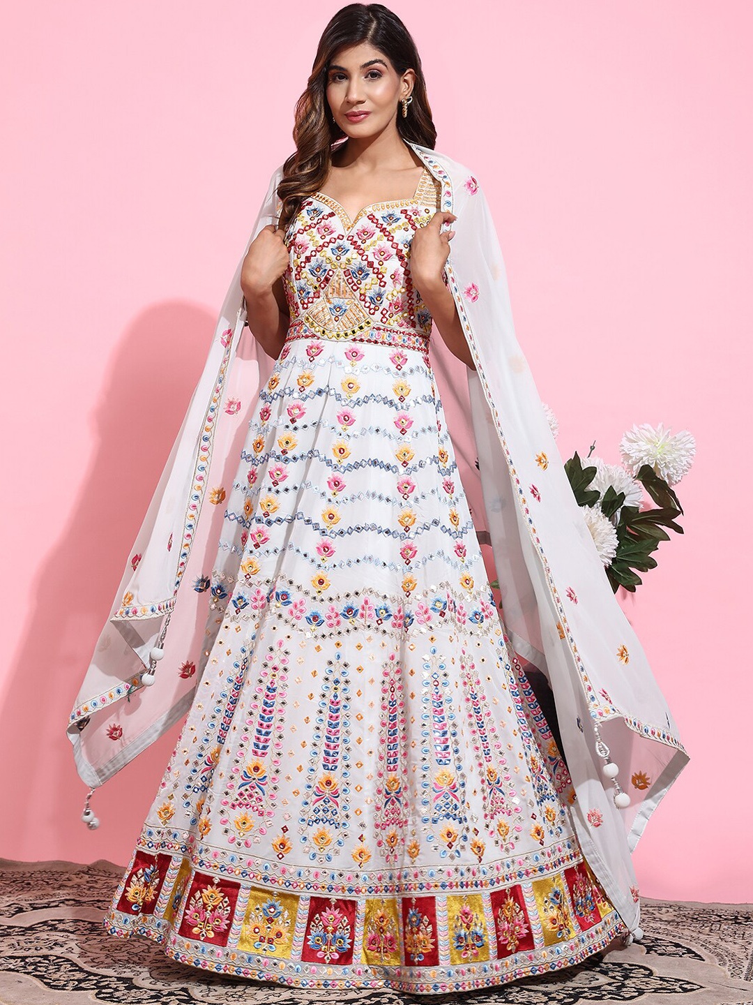

JUST FASHION Embroidered Mirror Work Sweetheart Neck Fit & Flare Ethnic Dresses & Dupatta, Blue