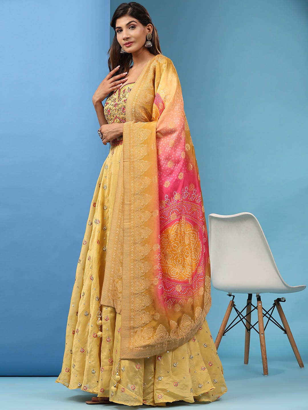 

JUST FASHION Embroidered Beads & Mirror Work Silk Ethnic Dresses With Contrast Dupatta, Yellow