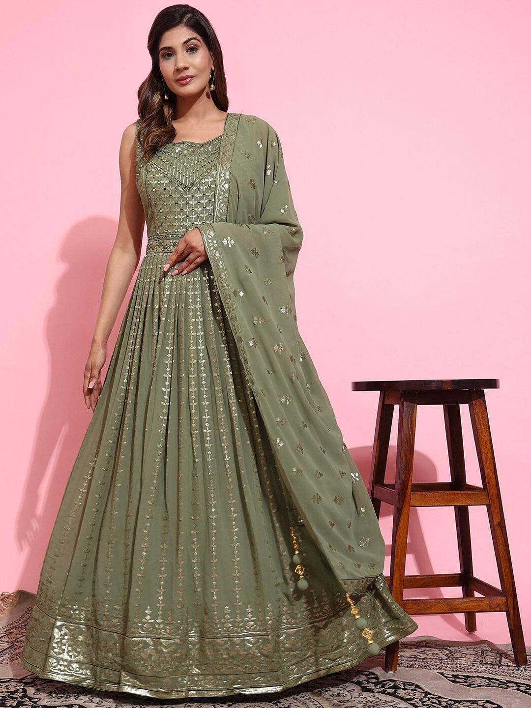 

JUST FASHION Embroidered Mirror Work & Sequinned Georgette Gown Ethnic Dress With Dupatta, Green