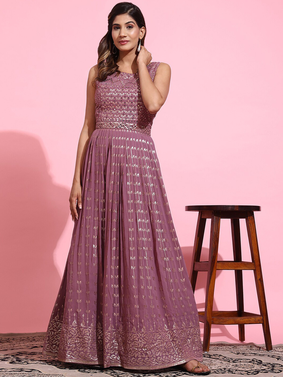 

JUST FASHION Embellished Sleeveless Georgette Pleated Maxi Ethnic Dress With Dupatta, Magenta