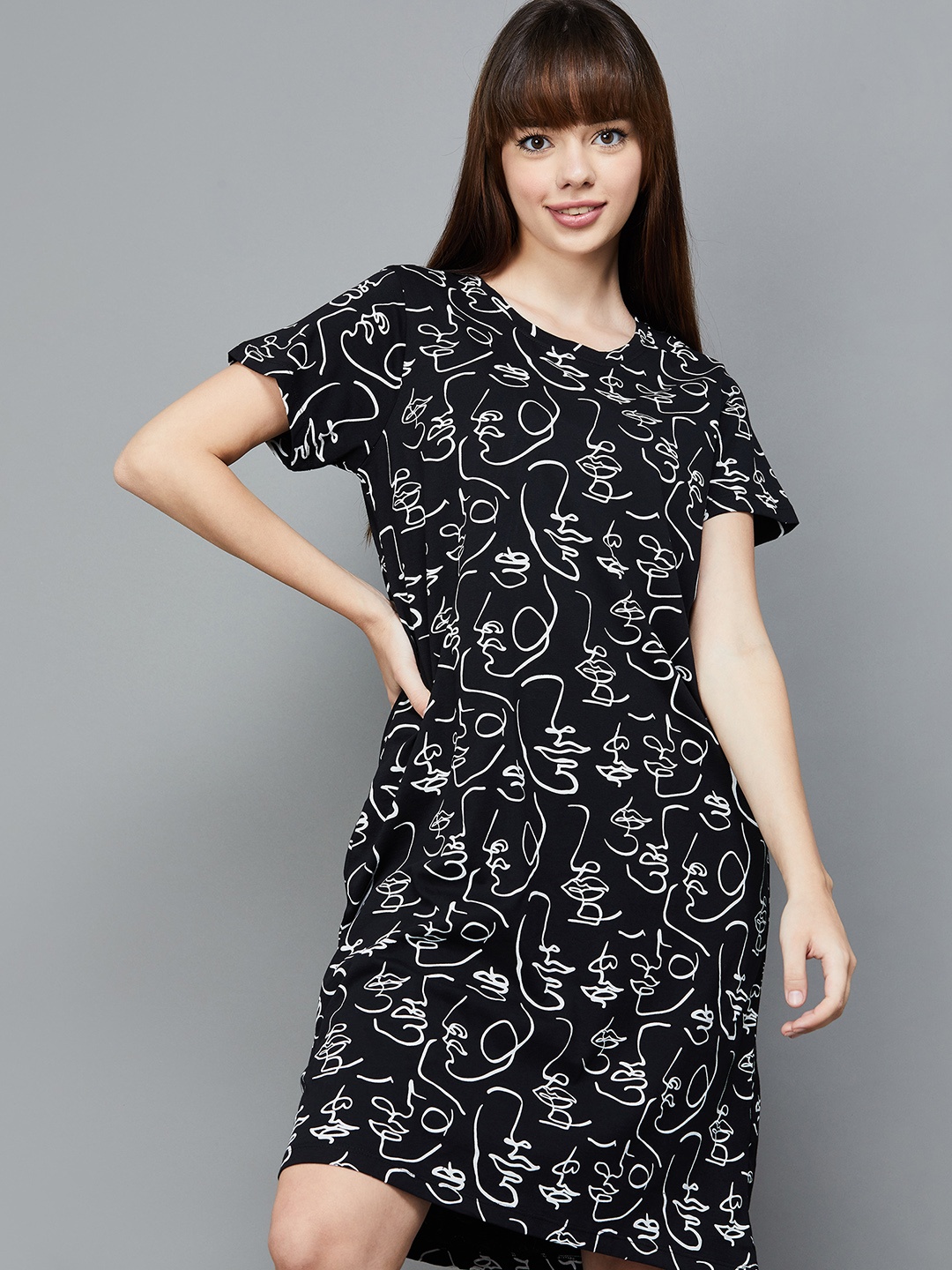 

Ginger by Lifestyle Conversational Printed Cotton T-Shirt Dress, Black