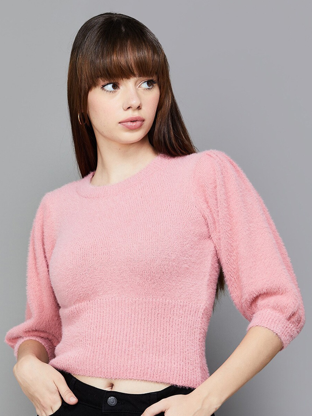 

Ginger by Lifestyle Round Neck Pullover Sweater With Fuzzy Detail, Pink