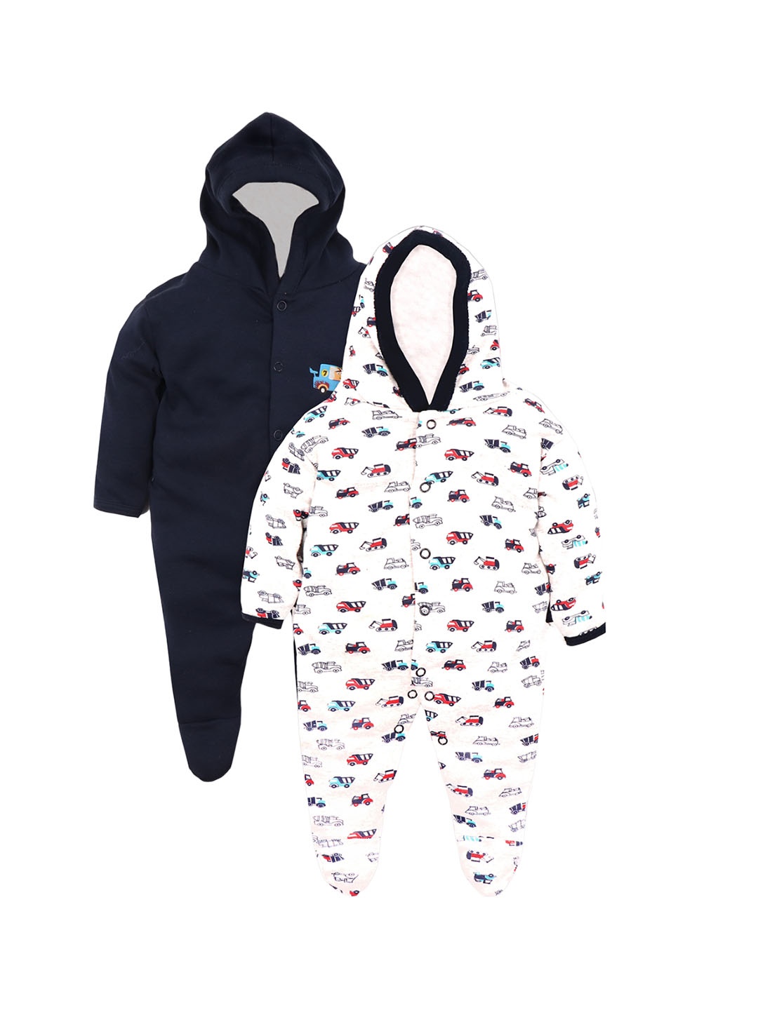 

BAESD Infants Pack Of 2 Printed Cotton Hooded Sleepsuits, Navy blue