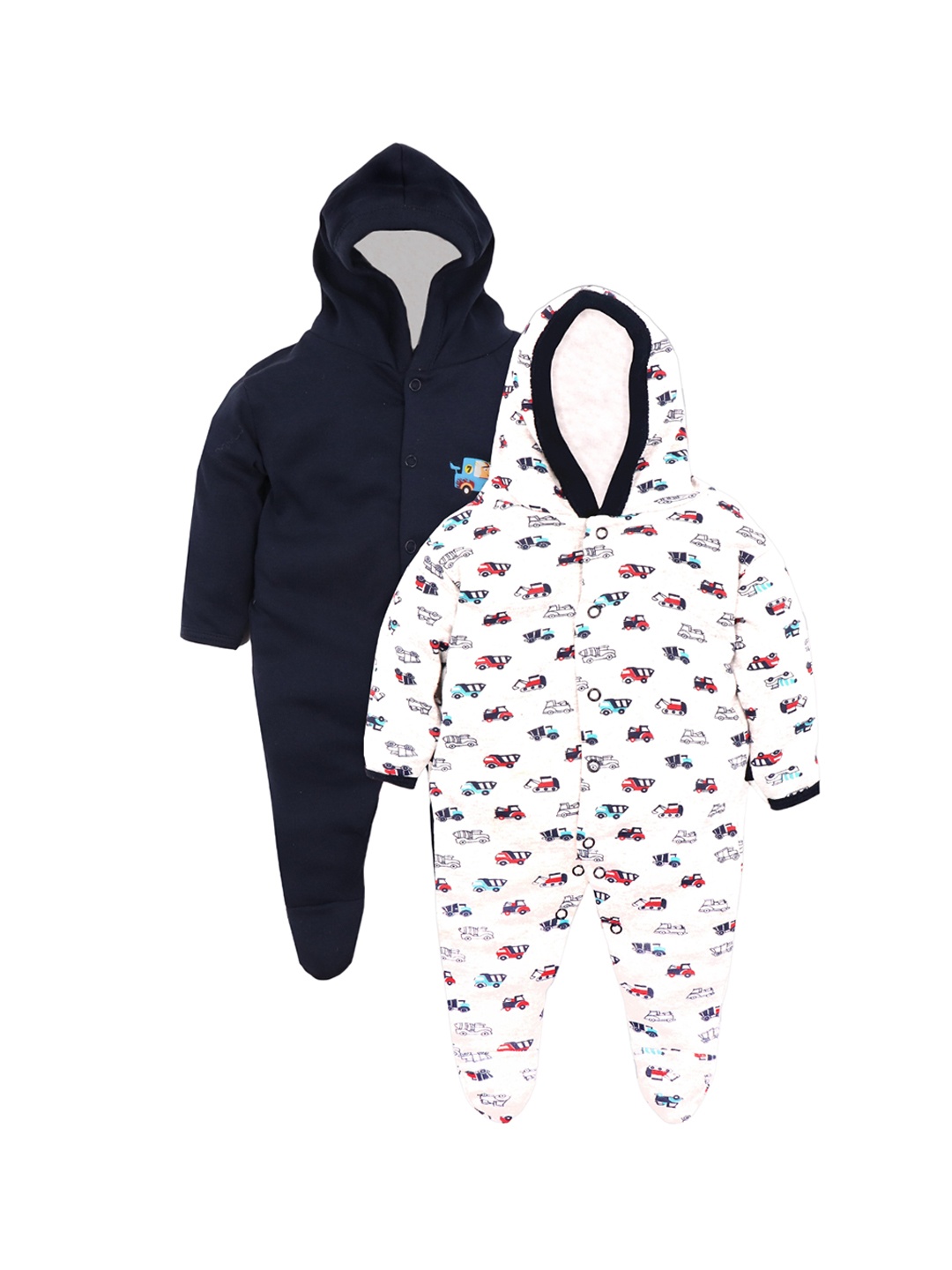 

BAESD Infants Pack Of 2 Printed Cotton Hooded Sleepsuits, Navy blue