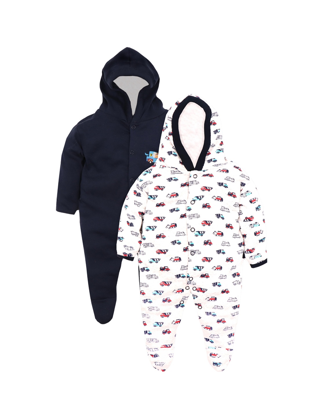 

BAESD Infants Pack Of 2 Printed Cotton Hooded Sleepsuits, Navy blue