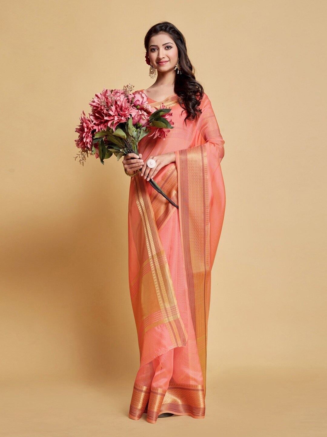 

MAGMINA Zari Pure Silk Narayan Peth Saree, Pink