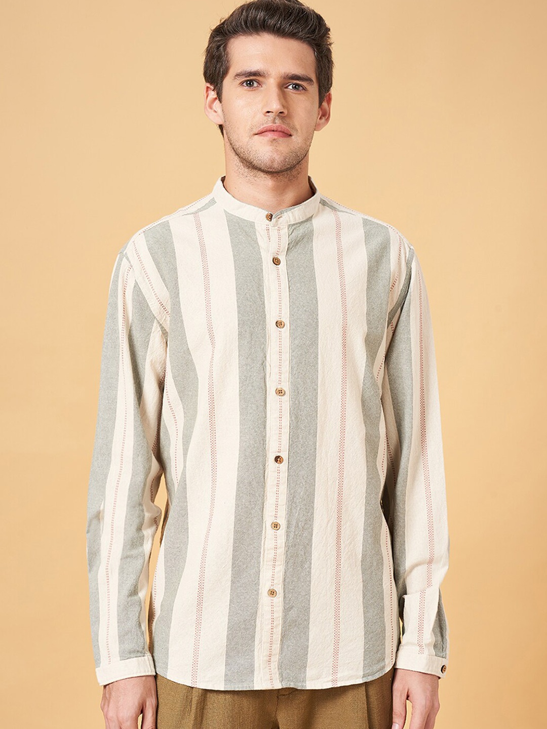 

7 Alt by Pantaloons Striped Band Collar Cotton Casual Shirt, Beige