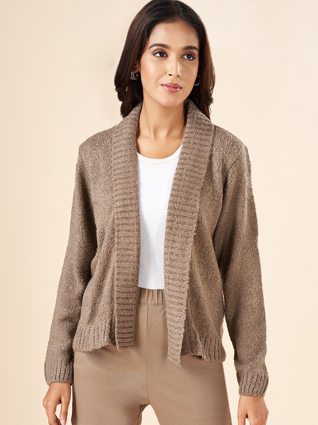 

AKKRITI BY PANTALOONS Self Design Acrylic Open Front Shrug, Brown