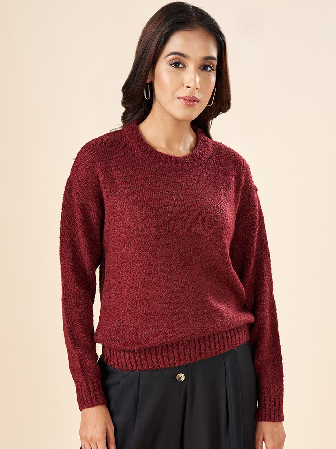 

AKKRITI BY PANTALOONS Round Neck Acrylic Pullover Sweater, Maroon