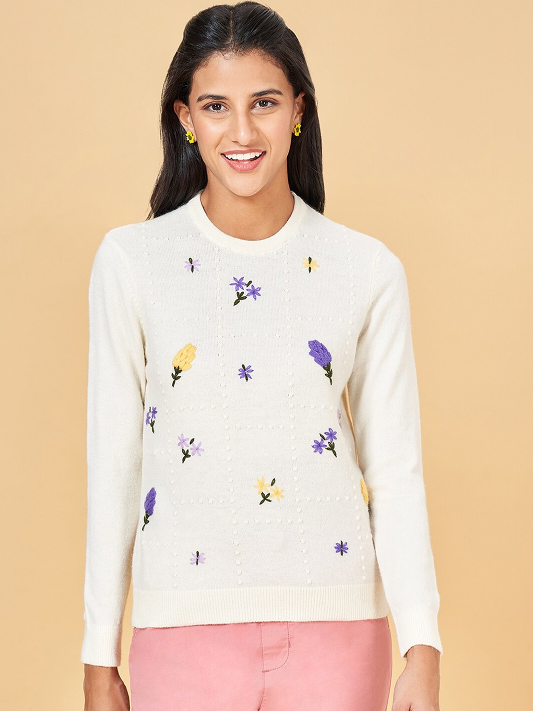 

Honey by Pantaloons Floral Embroidered Pullover, Off white