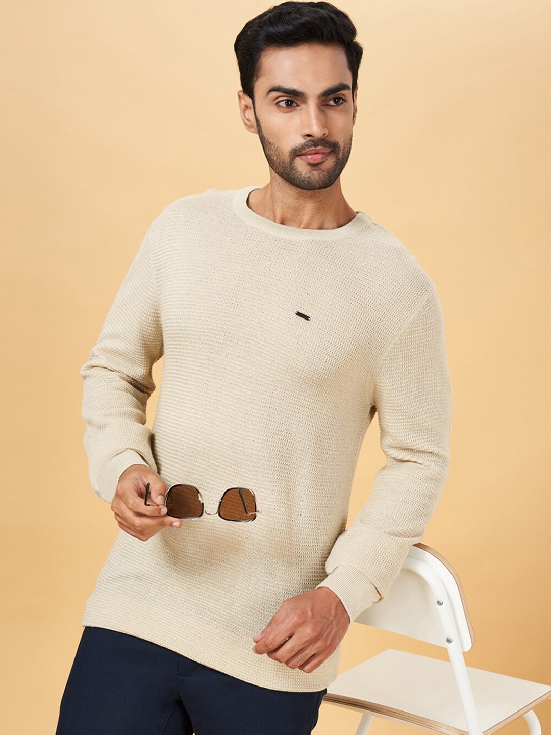 

BYFORD by Pantaloons Self Design Open Knit Acrylic Pullover Sweater, Off white