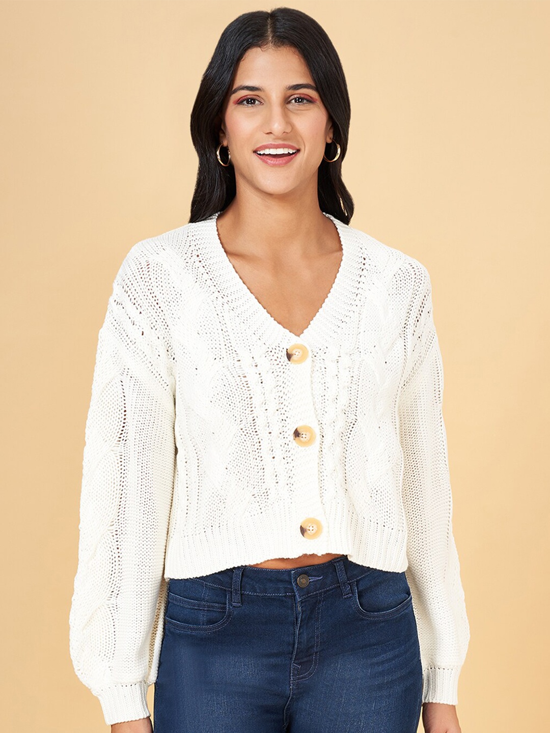 

People Cable Knit Cardigan Sweater, Off white