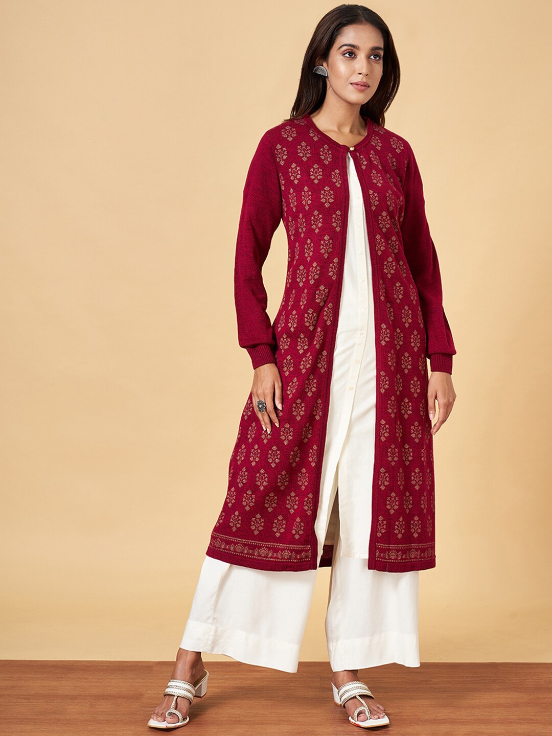 

YU by Pantaloons Floral Printed Acrylic Longline Front-Open Cardigan, Red
