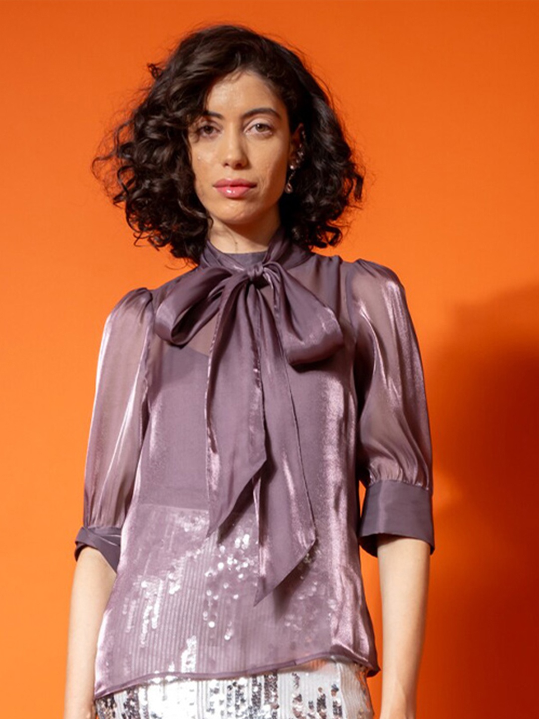 

H&M Half Sleeve Tie Collar Top, Purple
