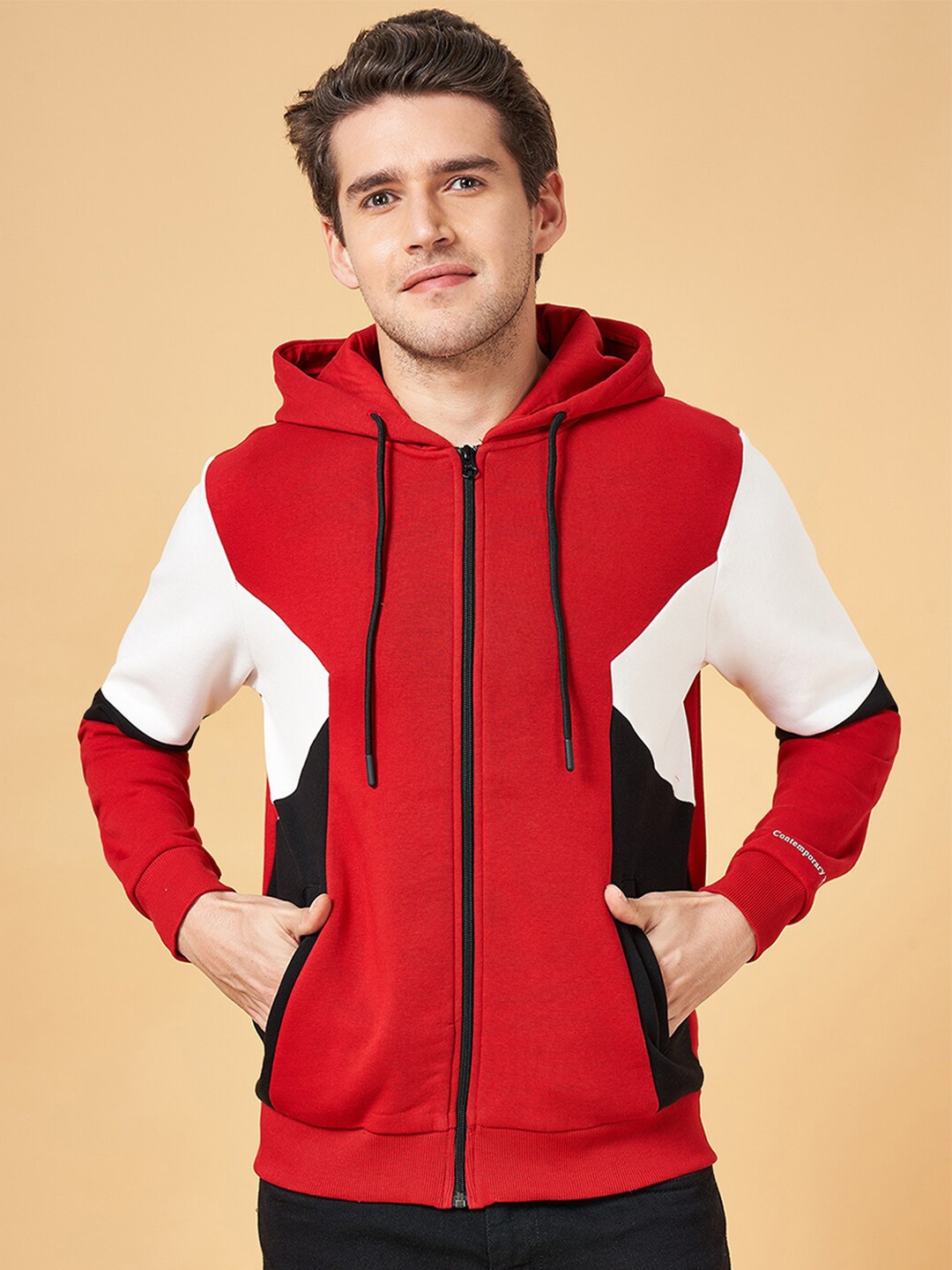 

People Red Colourblocked Hooded Front Open Sweatshirt