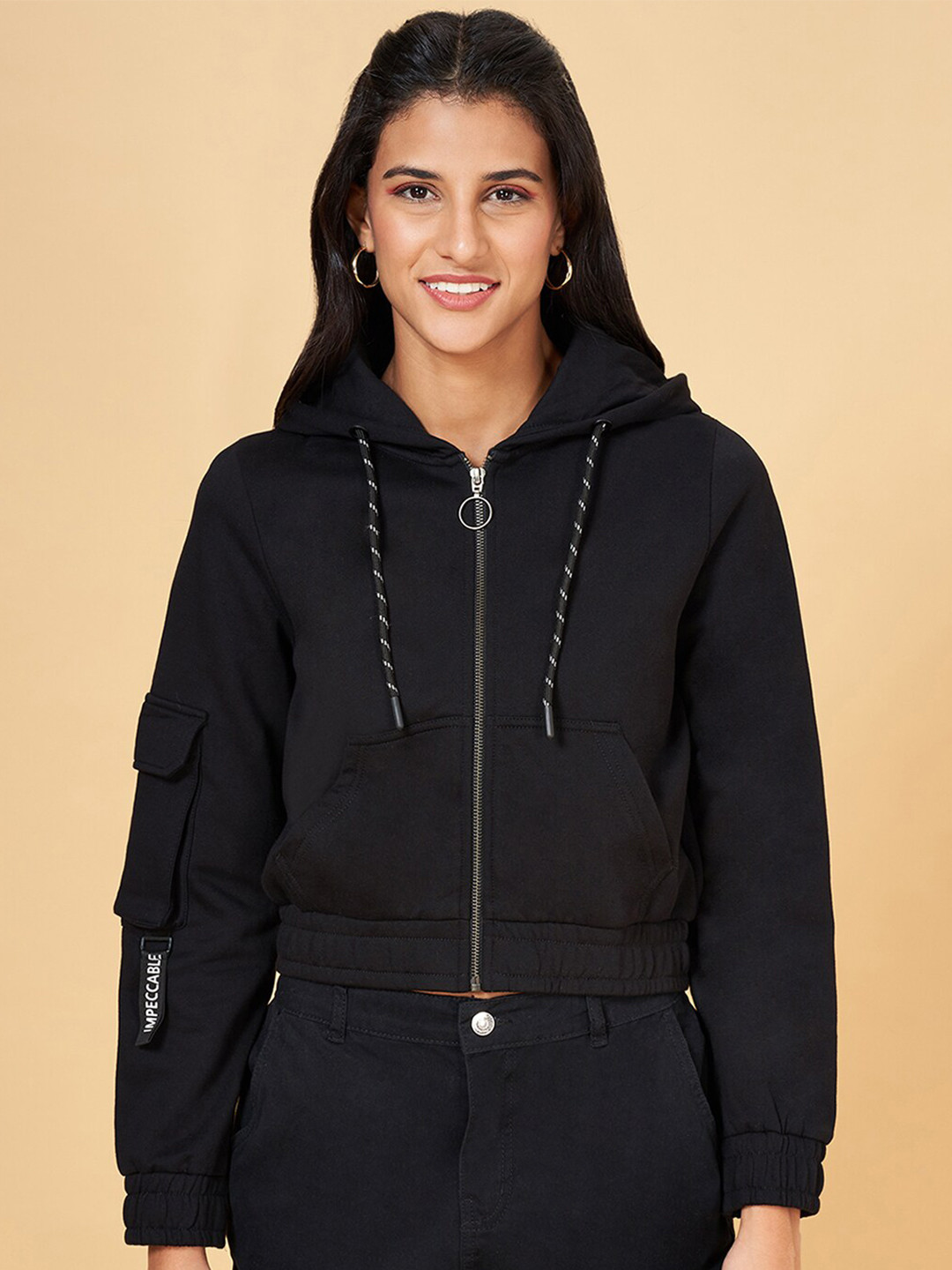 

People Black Hooded Front Open Sweatshirt