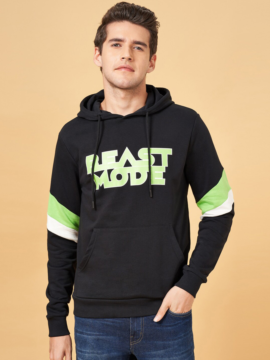

YU by Pantaloons Typography Printed Hooded Pullover Sweatshirt, Black